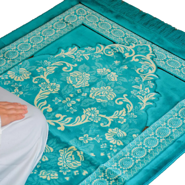 Lux Plush Velvet Prayer Rug Luxury Islamic Muslim Sajadah- Turquoise